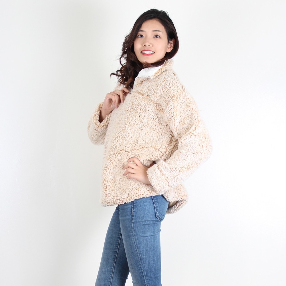NWT, Beige Sherpa Quarter-Zip Pullover